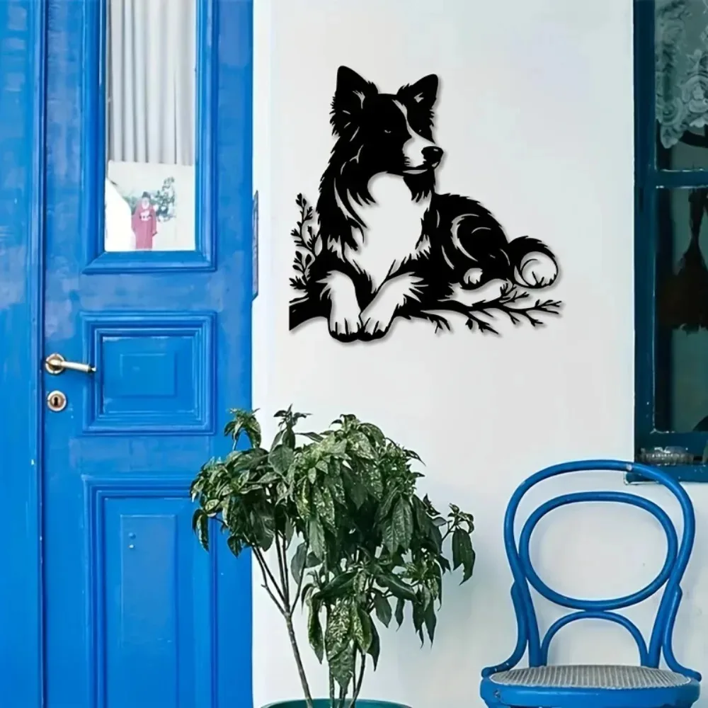 Metal Wall Art Border Collie Dog Iron Sculpture Patio Decor