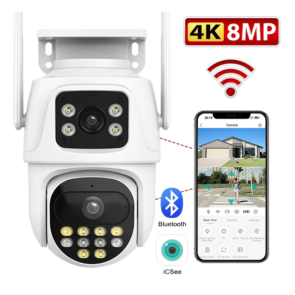 8MP Outdoor Dual Lens Wifi IP Camera 4K 4X Zoom Auto Tracking PTZ Color Night Vision Bluetooth ICsee Security Protection CCTV