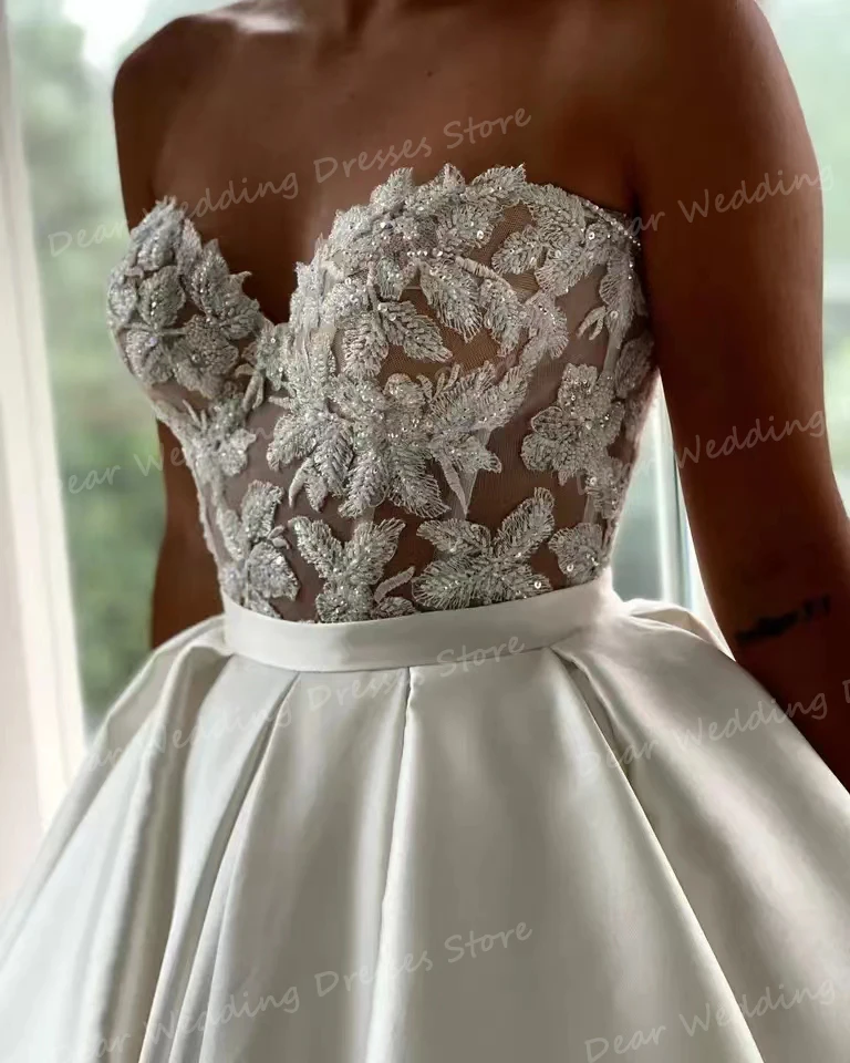 2024 Schatz Brautkleider Frauen eine Linie sexy rücken freie Brautkleider Spitze Applikationen ärmellose formale Satin Vestidos Novia