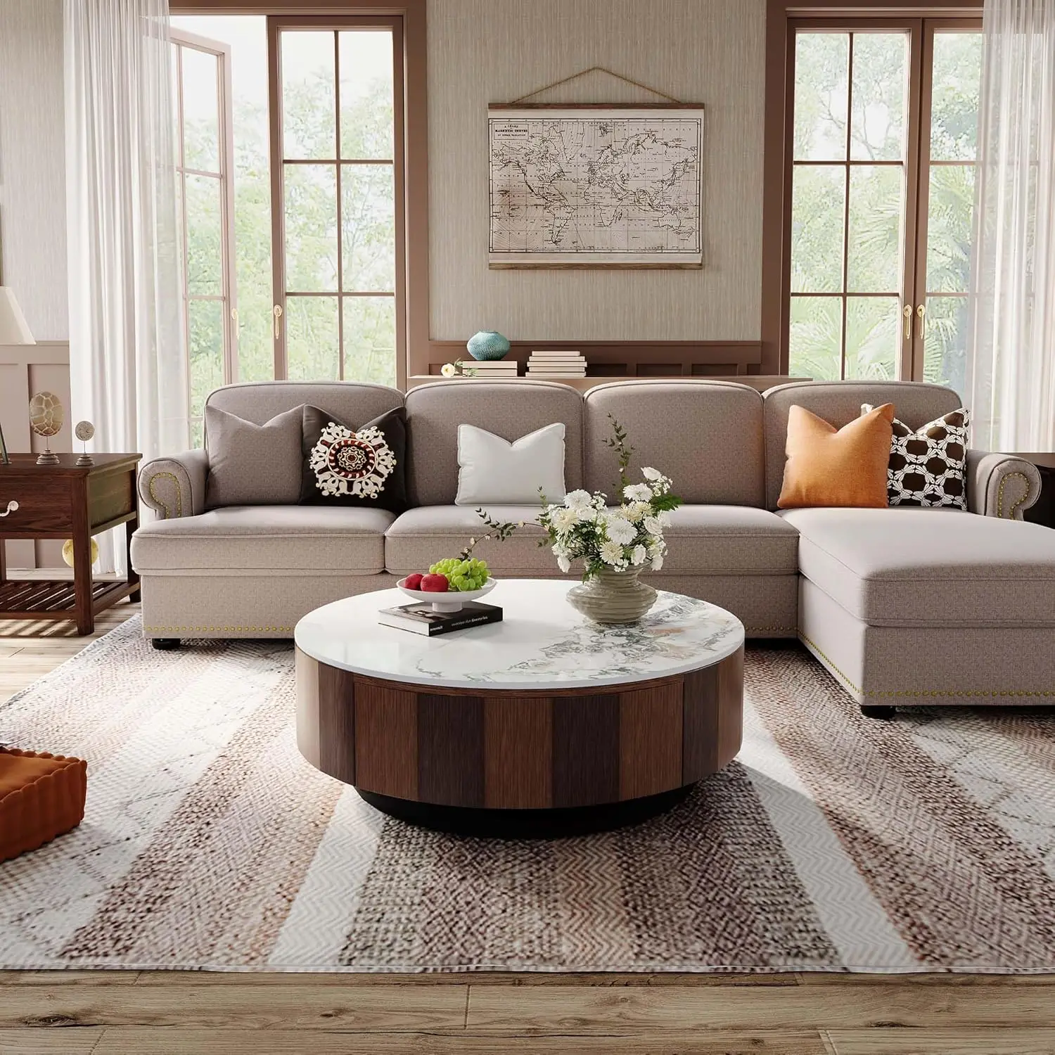 Round Storage Coffee Table 35.4" Mid Century Marble Top Wood Base Living Room No Assembly, Customized