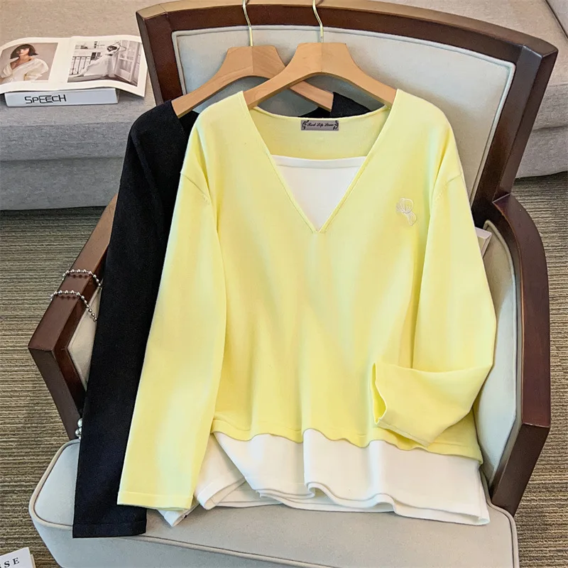 

170 кг, женский бюст 160, осенний свободный пуловер с v-образным вырезом и длинными рукавами, вязаный черный, желтый 4XL, 5XL, 6XL, 7XL, 8XL, 9XL