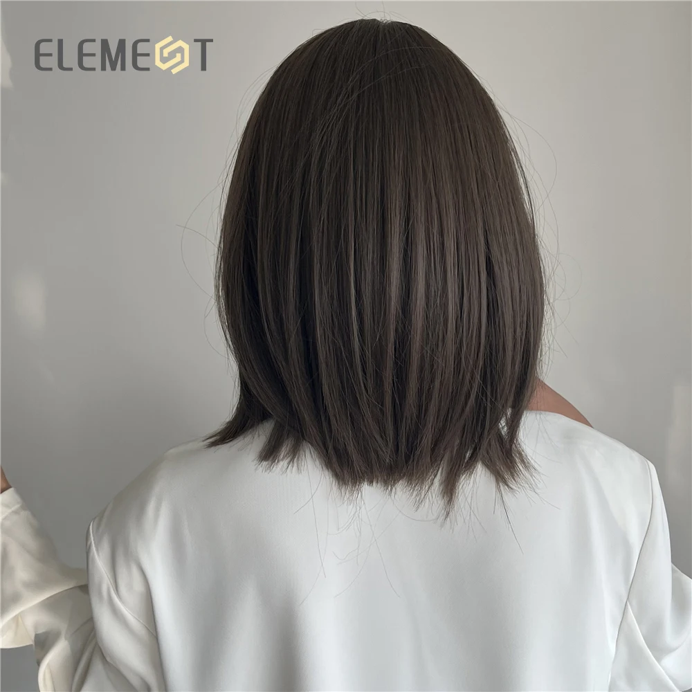 ELEMENT-Peluca de pelo corto con flequillo para mujer, pelo corto de fibra sintética, color marrón oscuro, liso, para fiesta, resistente al calor