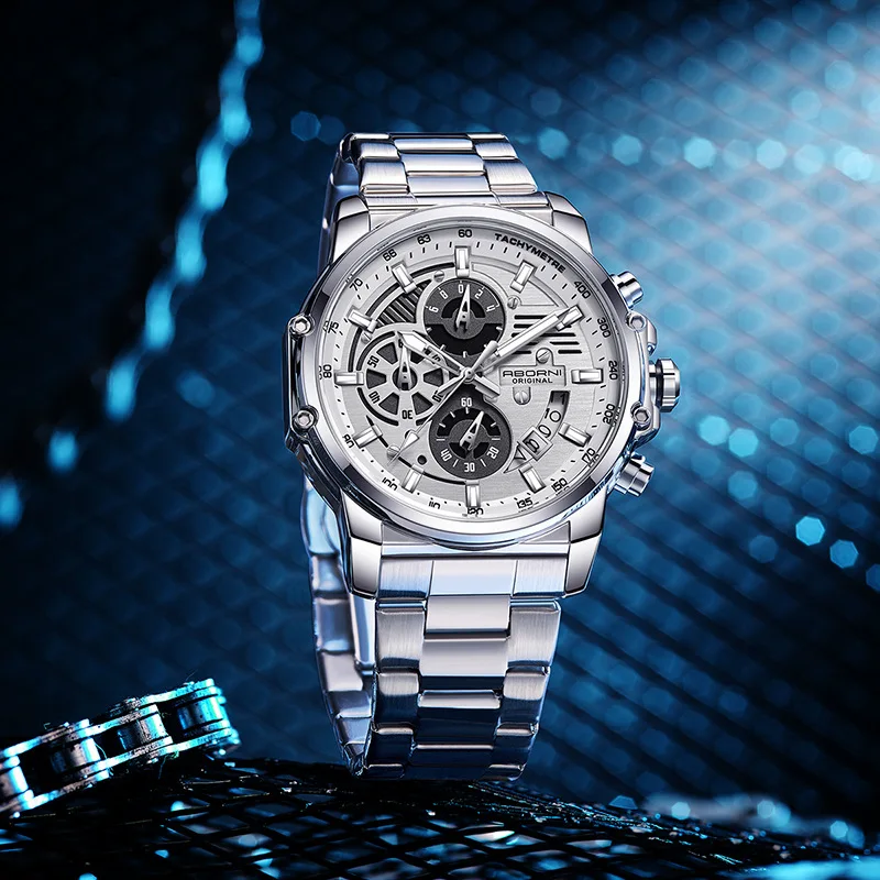 ABORNI 9056 Luxury Brand New Men's Quartz Watch Chronograph Automatic Date Fashion Stainless Steel Watches for Man Reloj