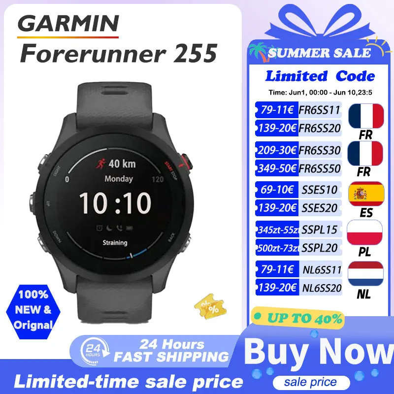 Montre Garmin Forerunner 255, montre connectée sportive Garmin, 46 mm, écran couleur 1,3'', autonomie de 14 jours, 4 Go de RAM, NFC, Bluetooth, Wifi, étanche 5 ATM