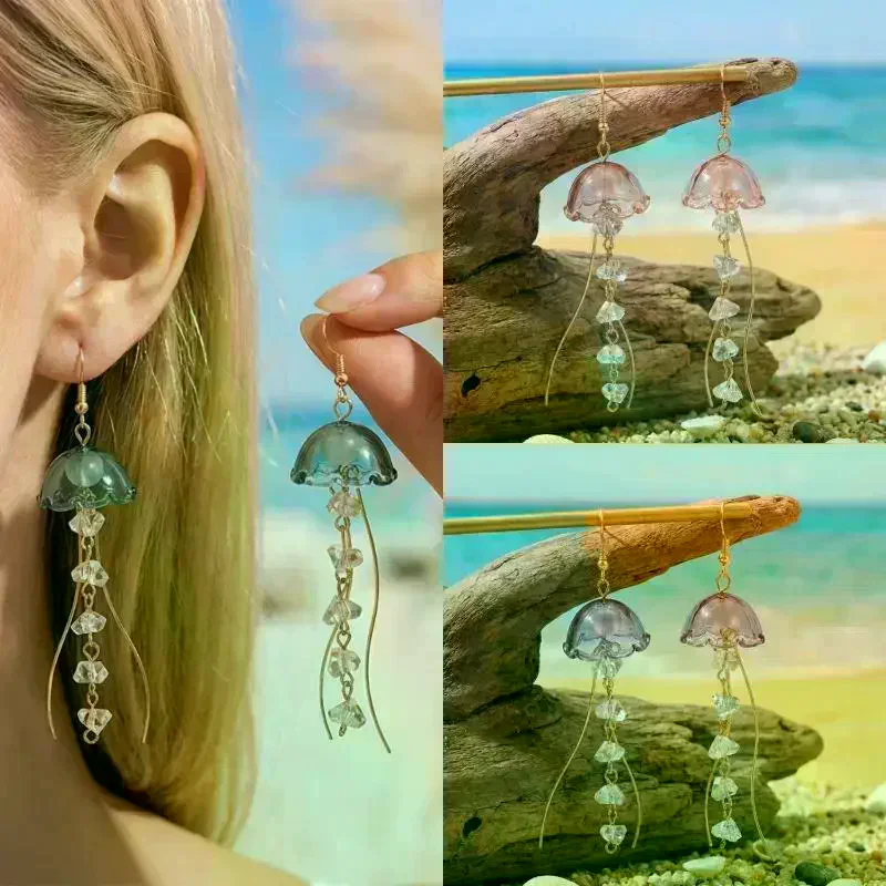 Colorful Jellyfish Drop Earrings For Women Ocean Animal Dangle Crystal Wavy Tentacle Summer Beach Jewelry Gift