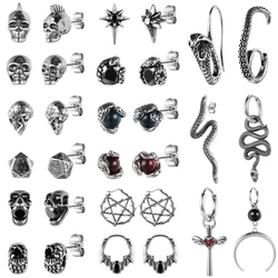 ZS 2PC Punk Skeleton Dop Earring for Men Stainless Steel Gothic Studs Earring Snake Sword Ear Piercings Long Skull Hoop Earring
