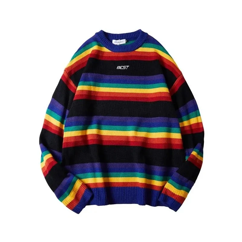 Hip Hop Harajuku Knitted Sweaters Men Colorful Striped Pullover 2024 Autumn Men Fashion Knitwear Sweater Streetwear Male Clothes