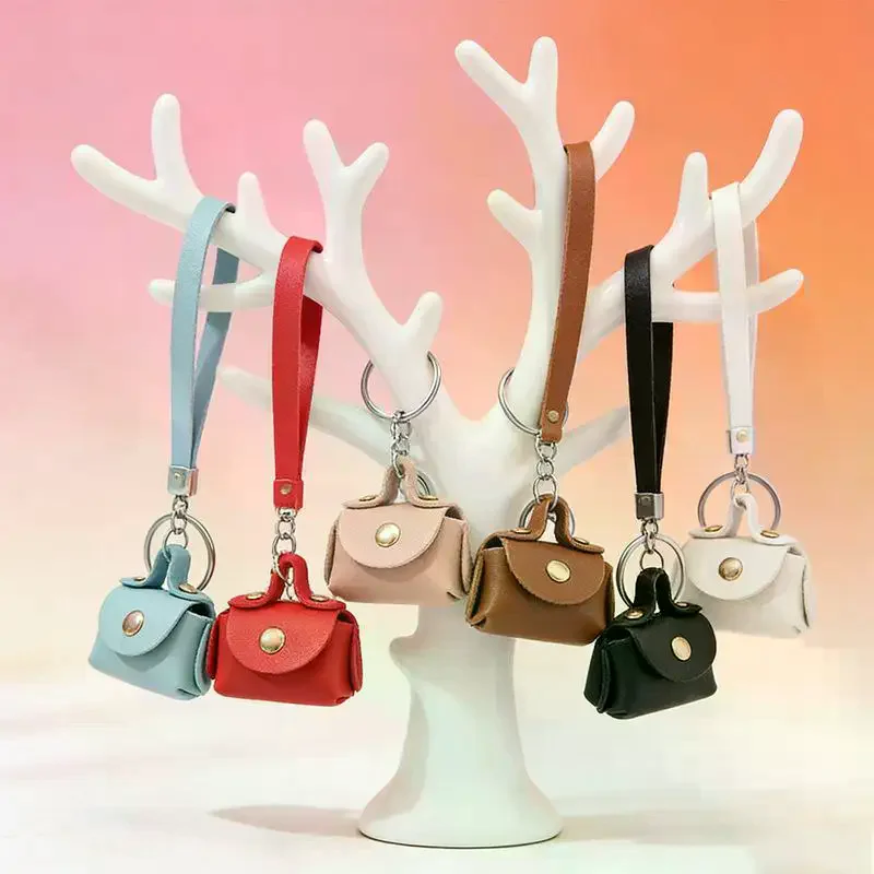 Kawaii Mini Bag Keychain PU Leather Small Handbag Coin Purses Keyring Headphone Bag Women Car Purse Pendant Keyholders Bag Parts