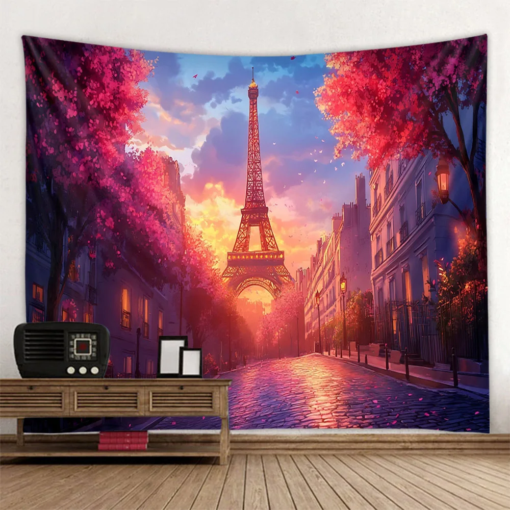 Eiffel Tower Landscape Tapestry Wall Hanging, Polyester Fabric Decorative Paintings, Living Room Bedroom Theme Party Decoration