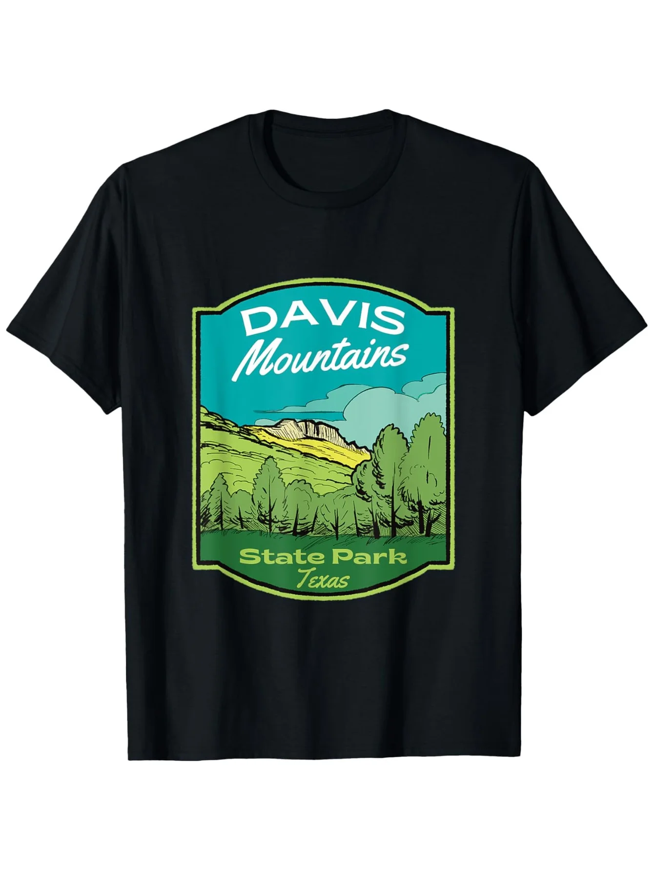 

Davis Mountains State Park T-Shirt - 100% Cotton, S-XXXL, Black, Mountain/Tree Print Gift