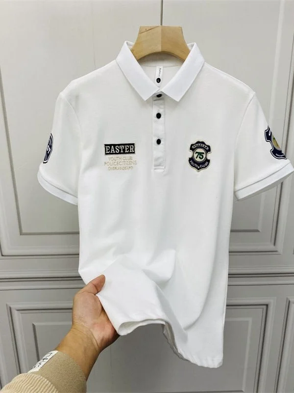 

Белая мужская футболка ort Sve с вышивкой, приталенный отложной воротник, модный топ, летняя универсальная футболка f Sve