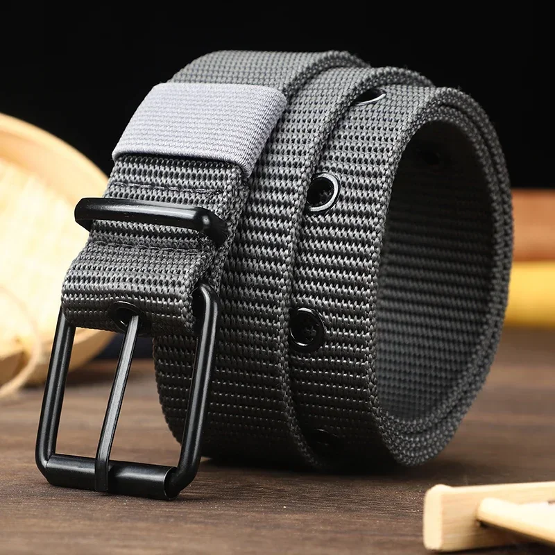 

Men's Belt Porous Canvas Pin Buckle Leather Belt Outdoor Sports Belt Women's Trendy Eyelet with Jeans for Men Women