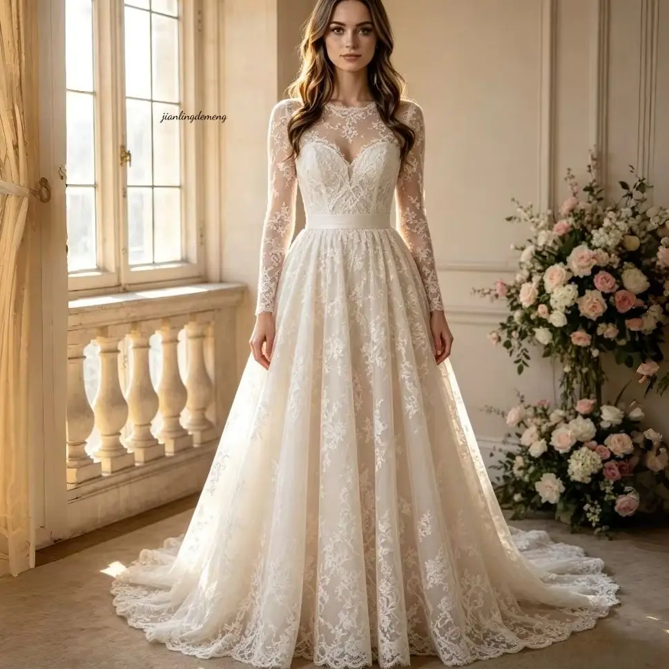VVintage Ivory Lace Wedding Dress A-line Illusion Neck Long Sleeve Fitted Floral Embroidery Church Bridal t Gown Customized