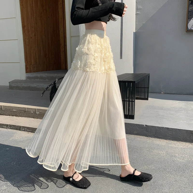 Aprikosenfarbener Mehrlagiger Midi-Rock Frühling Sommer 2026, Eleganter Süßer Blumen-Mesh-Rock für Damen, Modischer Transparenter Hochgeschnittener A-Linien-Rock
