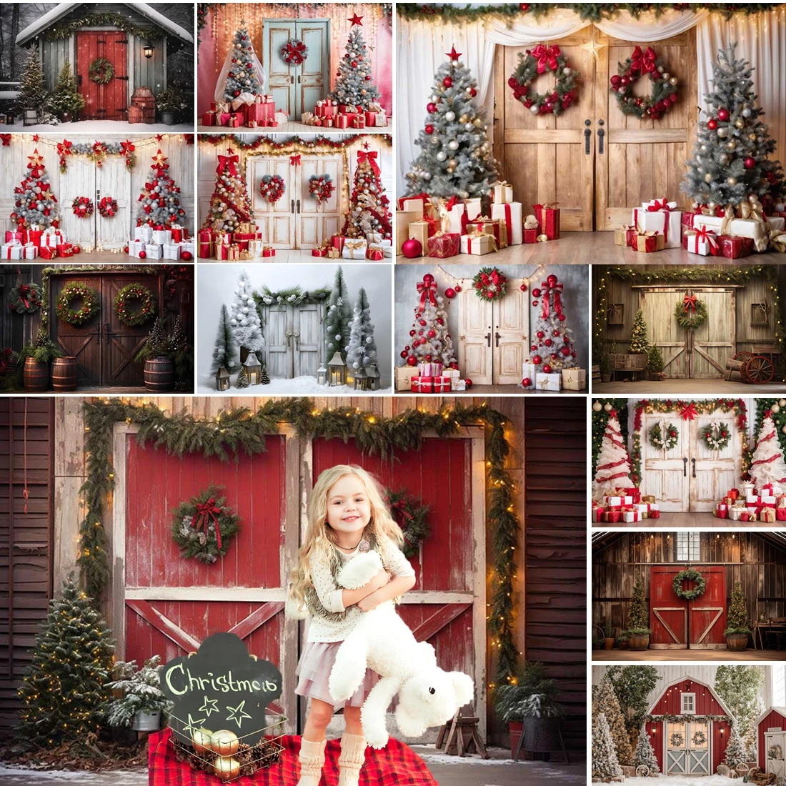 

MOON.QG Colorful Christmas Door Xmas Trees New Year Gift Background Backdrop Studio Party Decoration Photozone Accessories Wall