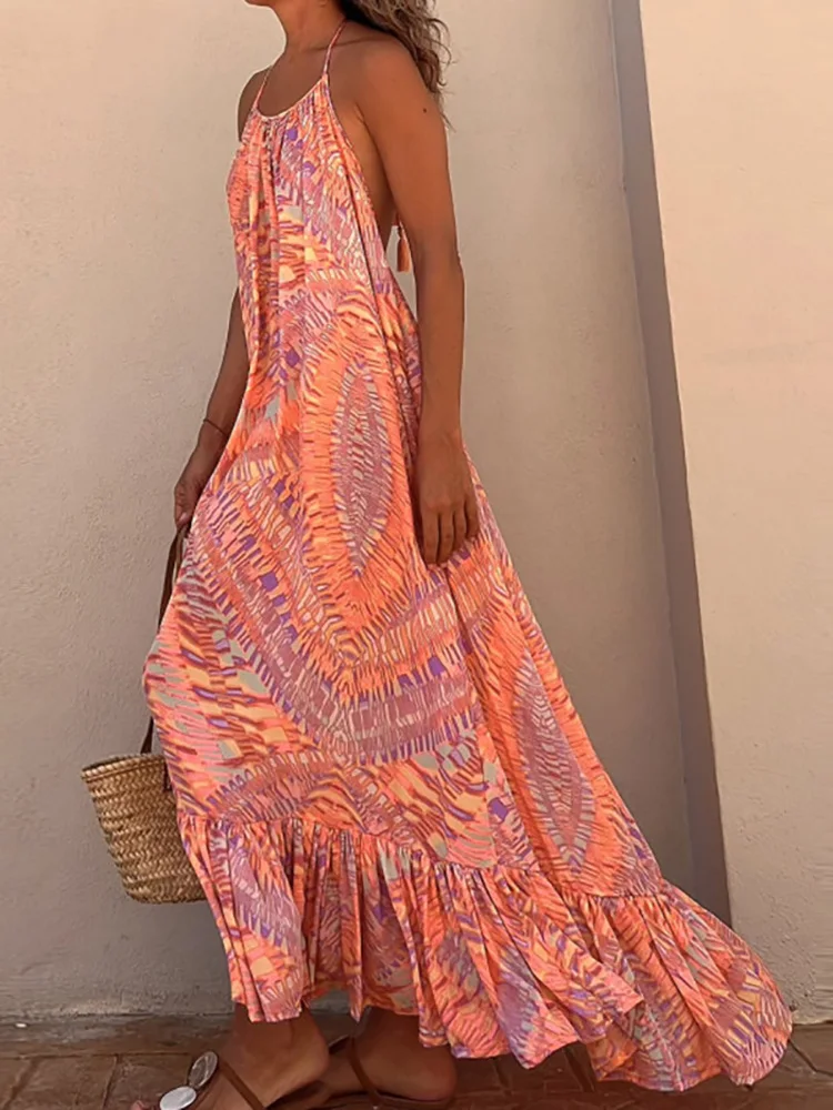 Robe longue à volants pour femmes, style plage, patchwork, dos nu, décontractée, vacances, été