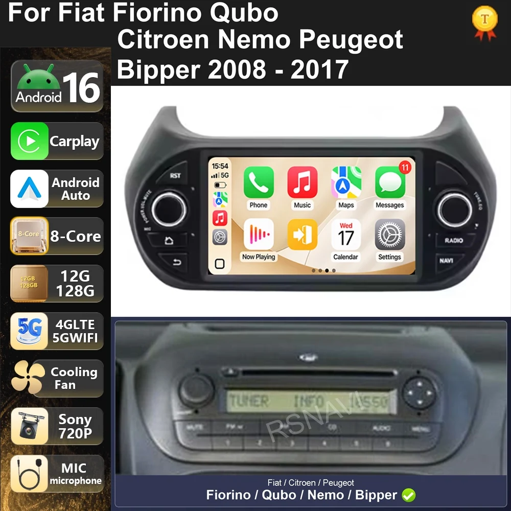 Car Radio Android 16 For Fiat Fiorino Qubo Citroen Nemo Peugeot Bipper 2008-2017 carplay auto dsp bt 4g
