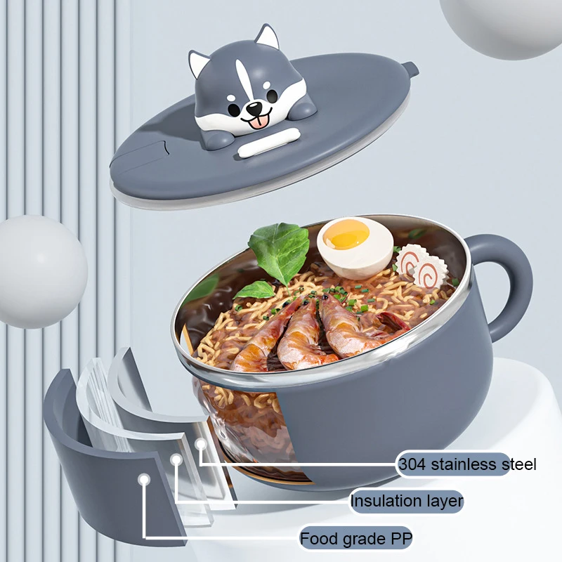 YWDL 1.2L Cartoon Dog Instant Noodle Bowl With Lid And Spoon L Dormitory Students  Lunch Box Stainless Steel Handle Soup Bowl