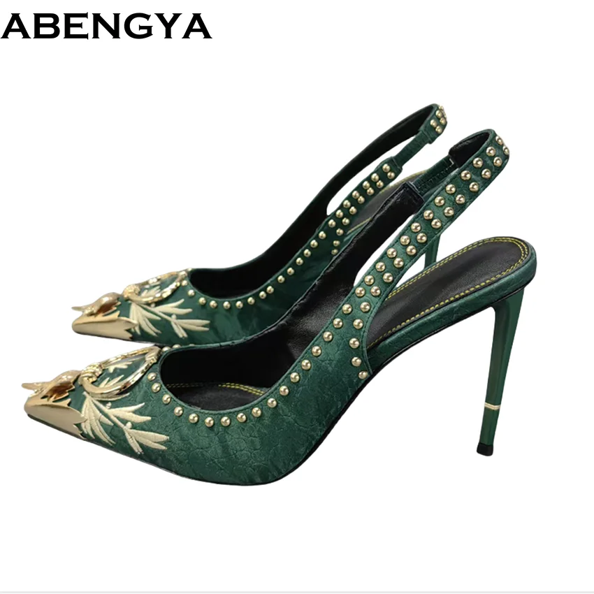 

Spring Suede Leather Pumps Rivet Studded Thin Heels Party Shoes For Women Point Toe Summer Slingback Sandals Women's Shoes