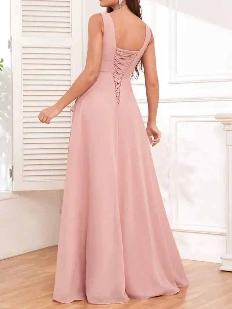 Elegante schlanke Taille Split Ballkleider Luxus Rüschen Chiffon Brautjungfer Hochzeits feier Kleid solide V-Ausschnitt Vestidos de Noche