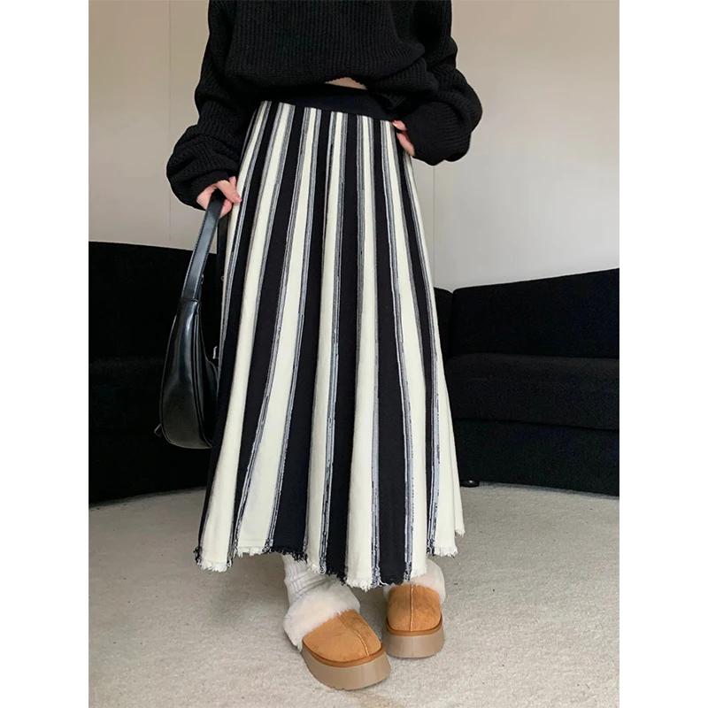 

MEXZT Striped Knitted Midi Skirt Women Vintage Streetwear Patchwork Skirts Winter Harajuku Korean Loose Design A Line Faldas New