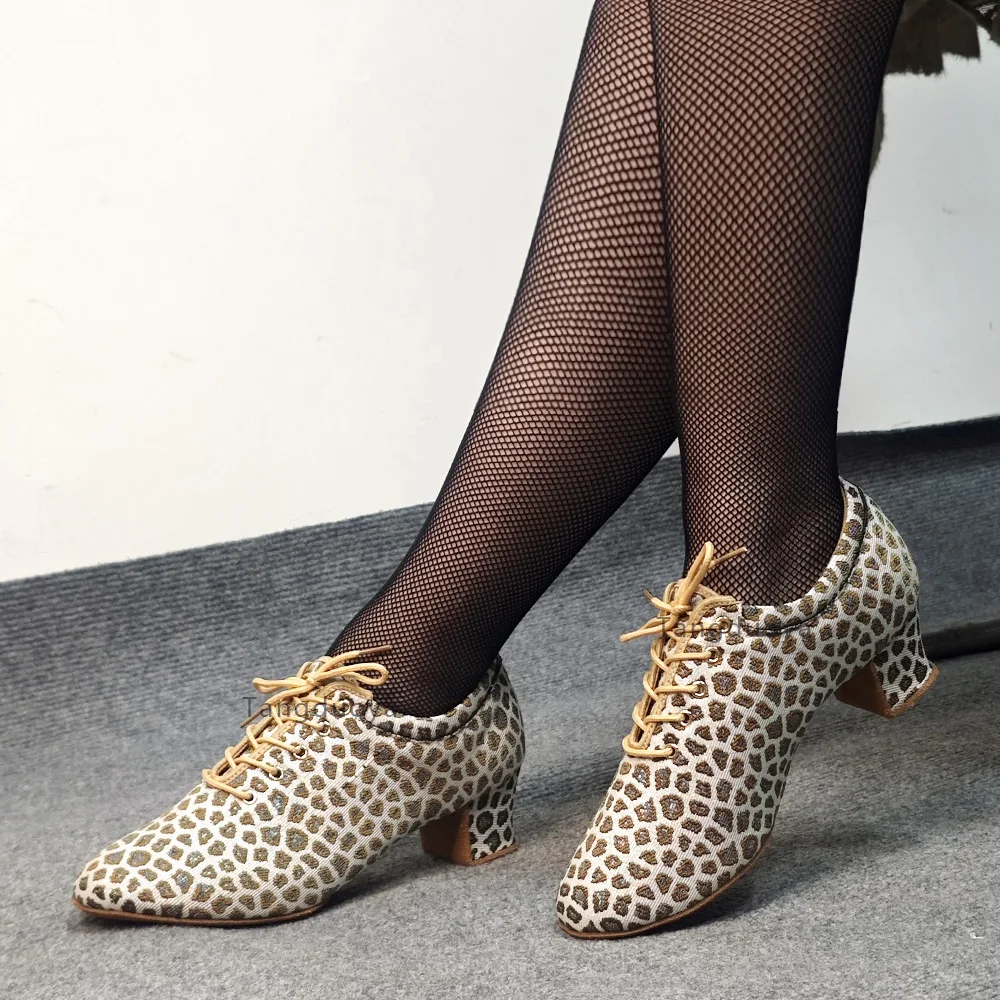 Chaussures de danse latine léopard pour femmes, baskets de danse à talons de 5cm, jazz, tango, salsa, salle de Rhmoderne, chaussures de professeur