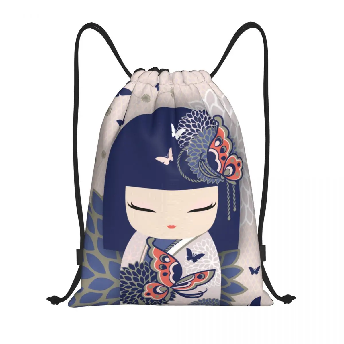 Kokeshi Doll Cherry Blossoms Drawstring Backpack Women Men Gym Sackpack Foldable Japanese Kimono Geisha Girl Shopping Bag Sack