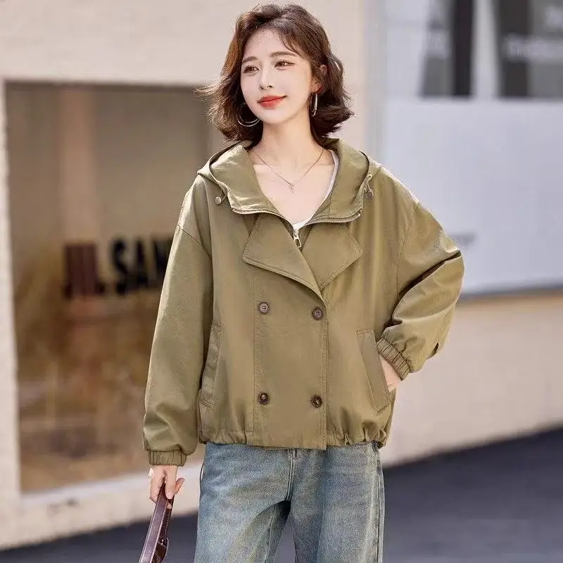 

Double-Layer Short Windbreaker for Petite Women with Fashion Design 2026 Spring Autumn Casual Hooded Jacket Trendy Trench Coat