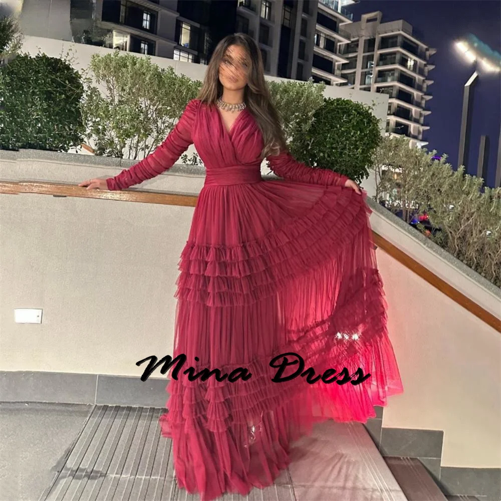 

Mina customized Long Sleeve Party Dress for Wedding Chiffon Prom Dress 2024 Multi-layer Wrinkle Evening Gown Elegant Chic Dress