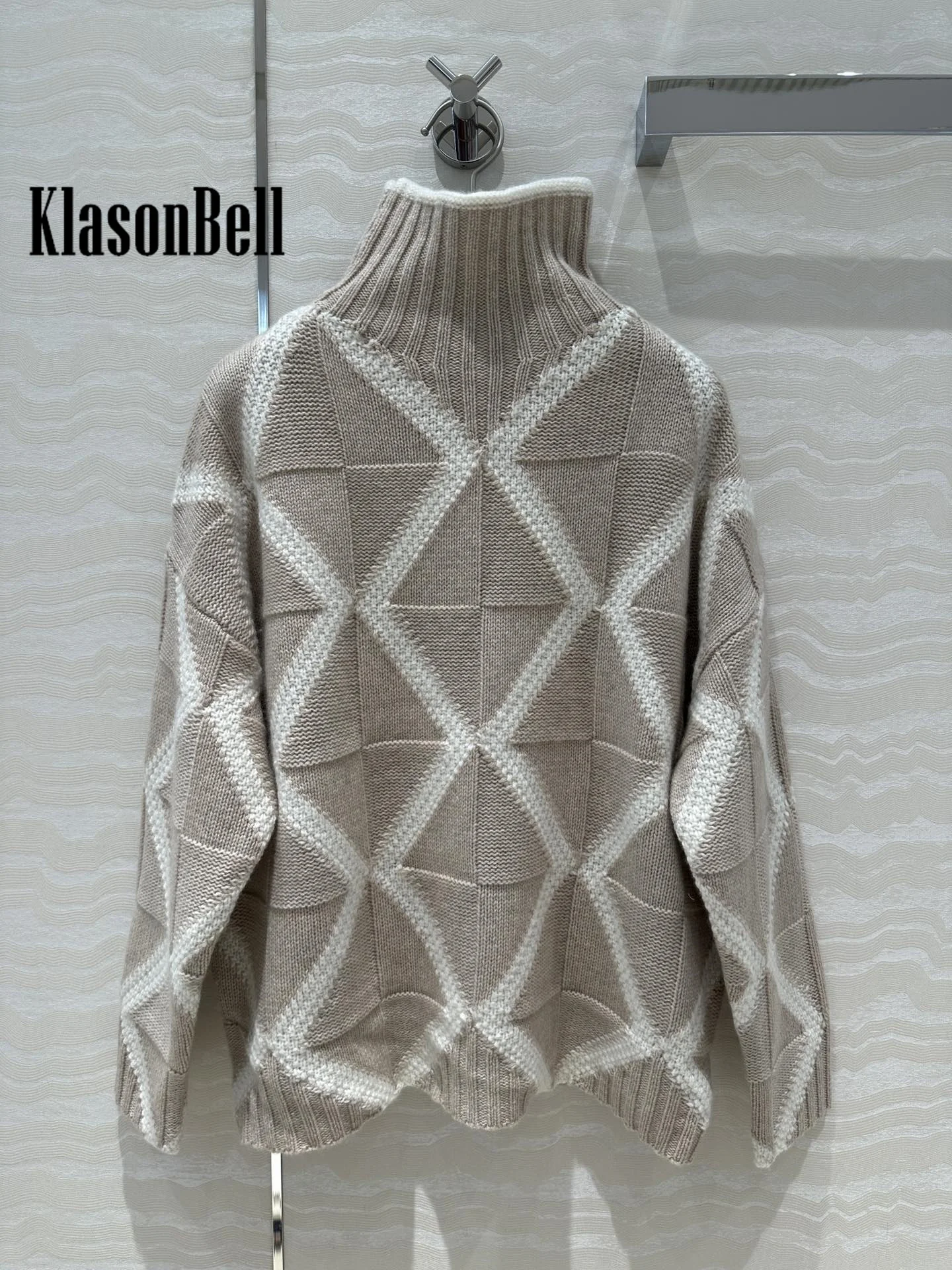 7.23 KlasonBell Women\'s Fashion Turtleneck Cashmere Knit Sweater Contrast Color Argyle Plaid Jacquard Loose Pullover Jumpers