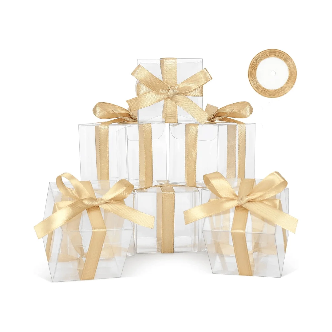 50PCS Clear Gift Box Includes 1 Roll Of Ribbon, 2x2x2 Inches Single Chocolate Truffle Small Gift Boxes For Wedding Favors