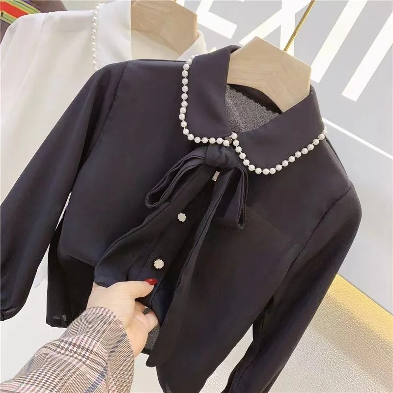 2024 Autumn New Korean Version Of The Girl\'s Small Fragrant Pearl Collar Shirt Baby Style Shirt Girls Autumn Clothing 100-140cm