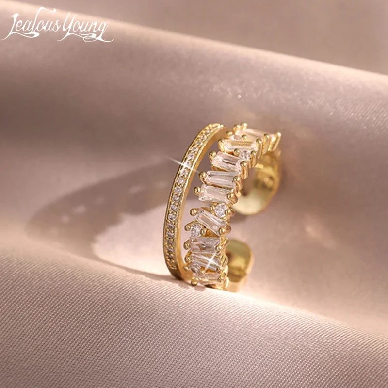 Golden Double Irregular Zircon Ring Female Eye-catching Wrap-around Finger Daily Outfit Rings Micro-inset Jewelry Biżuteria