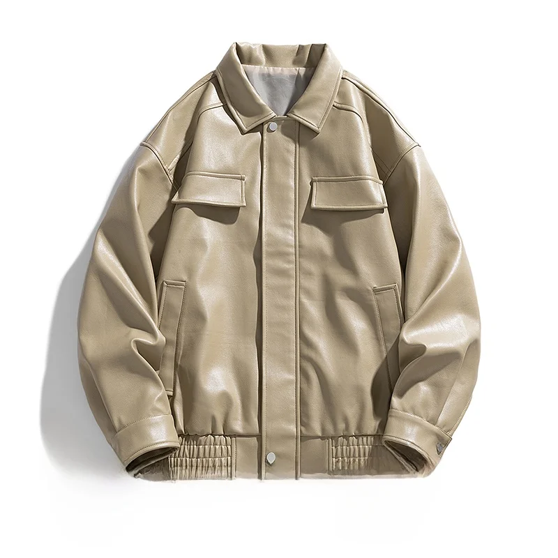 

Новая мужская куртка из искусственной кожи, повседневная, весенне-осенняя, свободного кроя, с воротником, в корейском стиле, кожаное пальто с рукавами до локтя