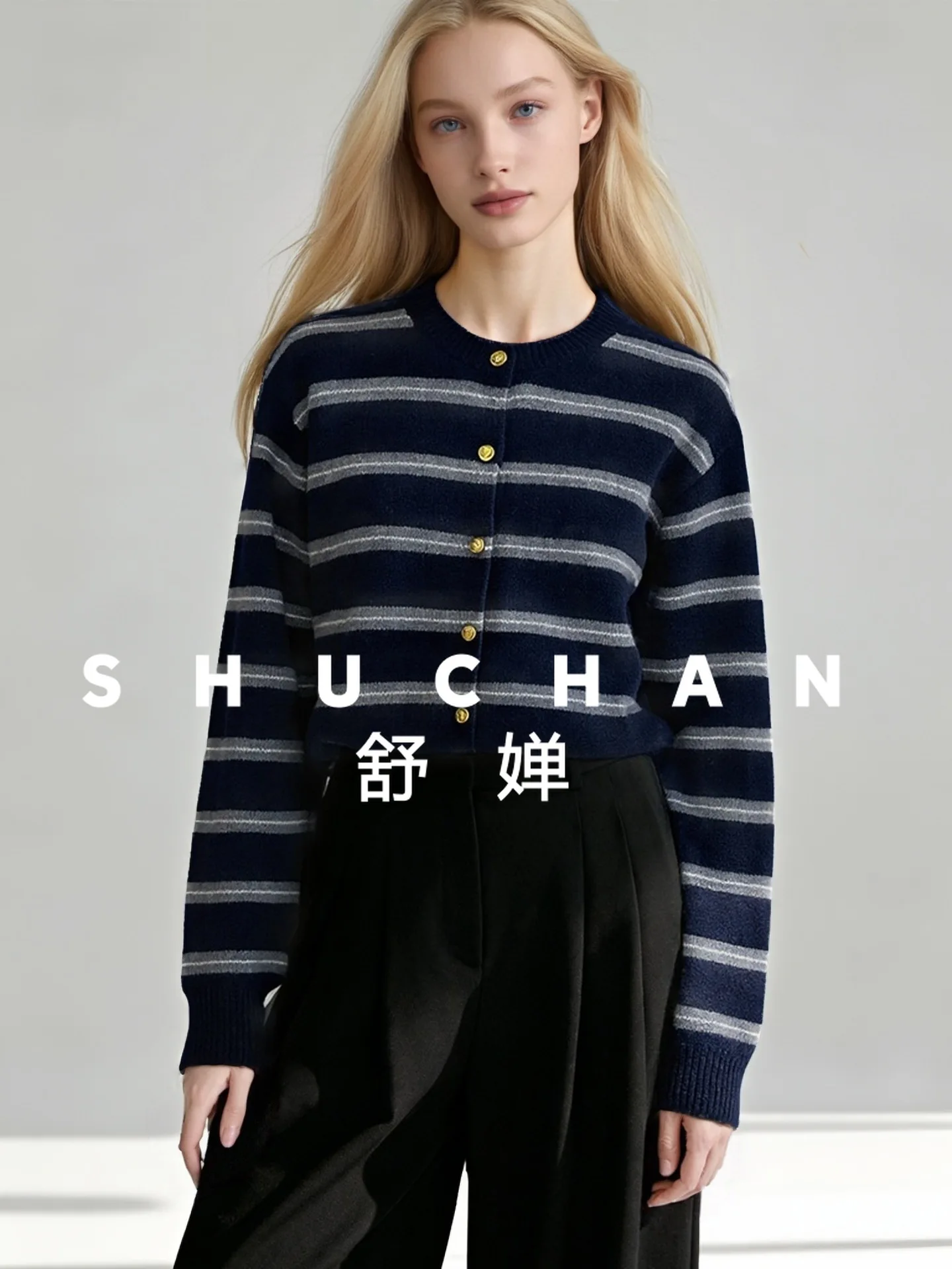 เสื้อคลุมคาร์ดิแกนไหมพรมลายทางคลาสสิกทรงหลวม คอกลม ผ้าขนสัตว์ 100% สำหรับผู้หญิง  คอลเลคชั่นฤดูใบไม้ร่วงและฤดูหนาว ปี 2025
