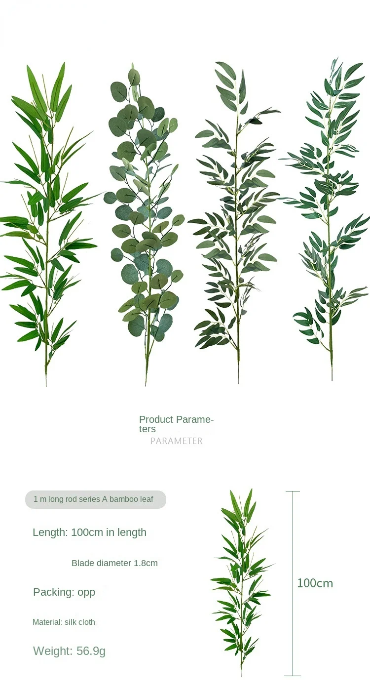 Seidenstoff-Griff, Bambusblatt, Blumenarrangement, Dekoration, künstliche Frühlingspflanzen, einzeln, 1 m lang, Eukalyptusblätter – Detail 1