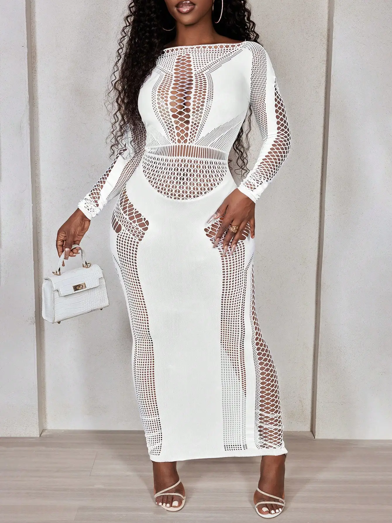 Sukienka damska z długim rękawem, obcisła, z siateczki z wycięciami, jesienna odzież damska.