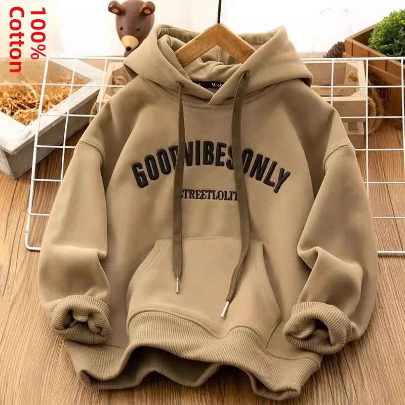 

Утепленная толстовка из 100% хлопка большого размера (300 г/м²) с буквенным принтом, повседневная, комфортная, осенне-зимняя