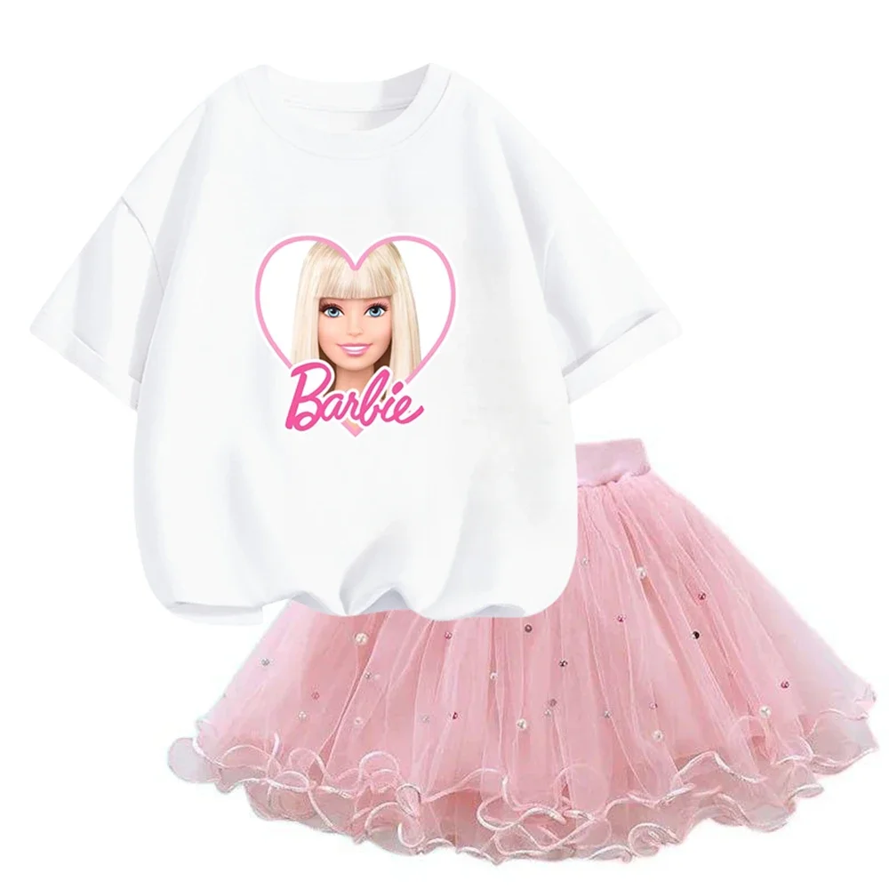 Fashion Children Party Clothing Girls Barbie Clothes Korean Pretty T Shirt&mesh Tutu Skirt Two Piece Outfits Set 3-14 Years