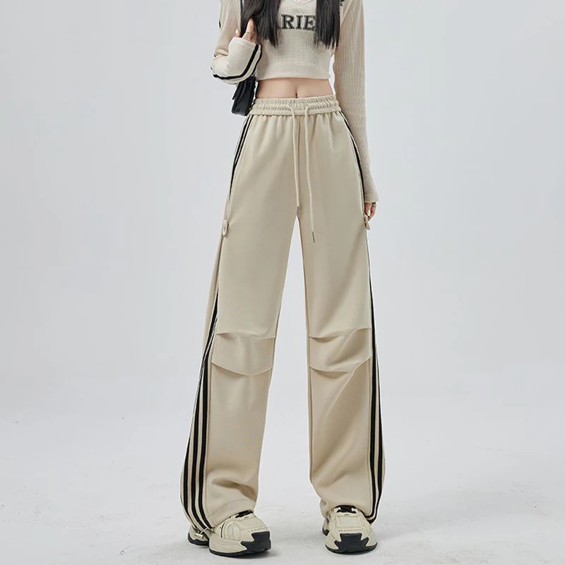 Heißer Verkauf Mädchen Hohe Taille Gerade Bein Cargo Hosen Neue Streetwear Weiblichen Koreanischen Hosen Dame Gestreiften Schnell Trocknend Hosen