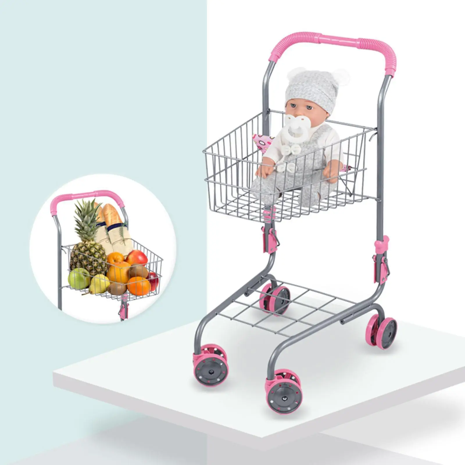 어린이 쇼핑 카트 쇼핑 카트 장난감 쉬운 조립 가짜 음식 액세서리 슈퍼마켓 트롤리 장난감 어린이를위한 식료품 카트