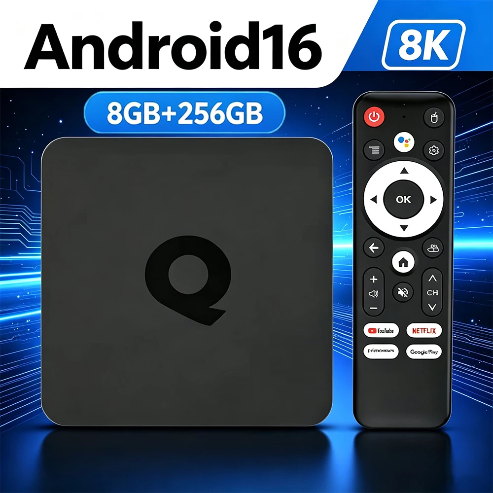 Boîtier TV intelligent Android 8K Q1 Android 16 Assistant Google Quad Core, prise en charge du double Wi-Fi 5G BT6.0 RK3518 64 Go 128 Go 256 Go Lecteu