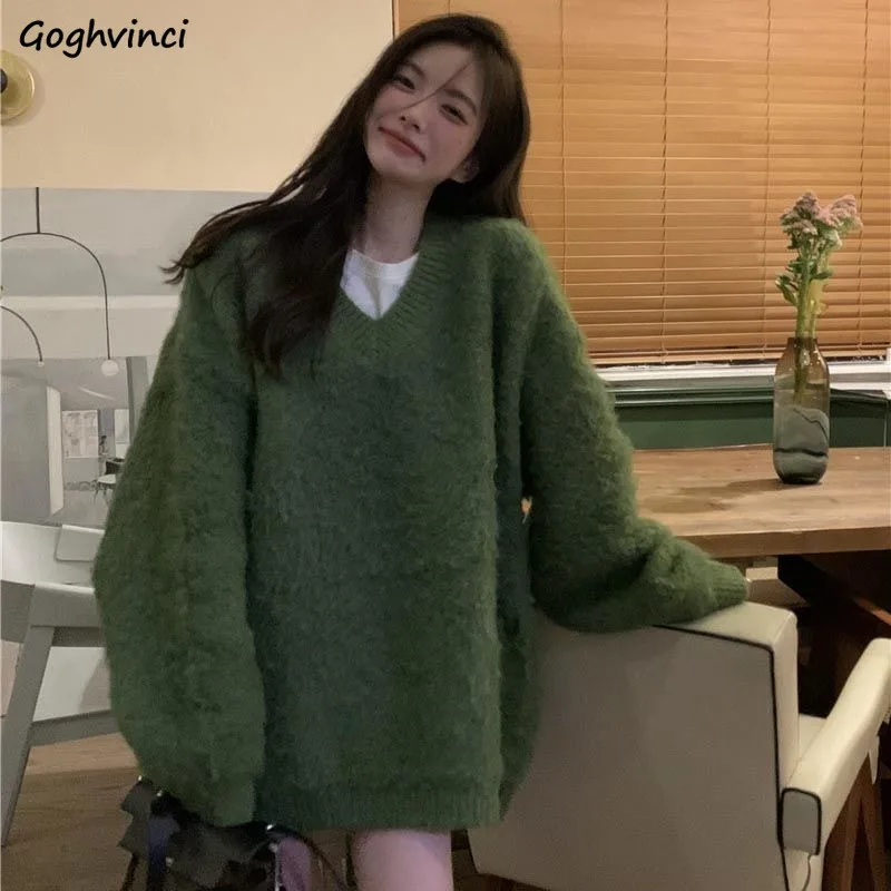 Pullovers Women V-neck Baggy Thicken Slouchy Knitted Korean Fashion All-match Coats Y2k Sweaters Tender Harajuku Ulzzang Mujer