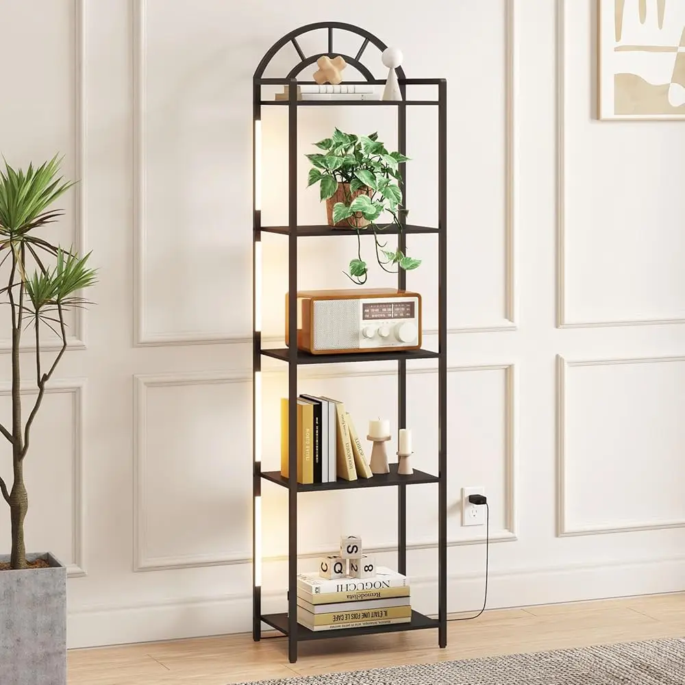 

5-Tier Arched Led Display Shelf With Ajustable Color Temperature And Brightn Control, Etagere Bookshelf With Metal Frame And