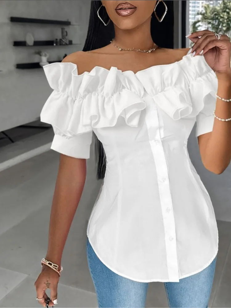 

Woman Sexy Slash Neck Slim White Blouses Tops 2024 Women's Summer Short Sleeve Fashion Ruffle Button Cardigan Female Shirts Top