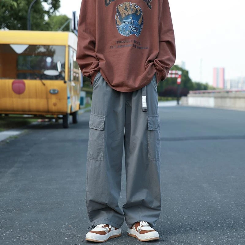 Spring Summer New Solid Color Elastic Waist Drawstring Cargo Pants Man High Street Cotton Loose Pockets All-match Straight Pants