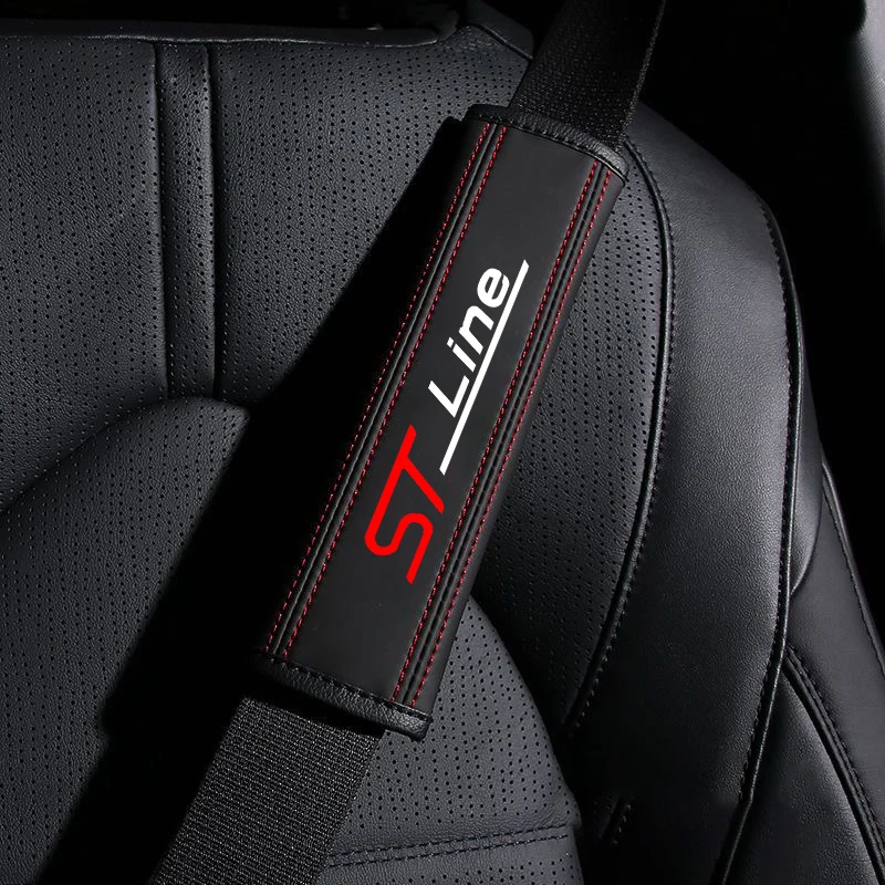 Car Seat Belt Nappa Leather Safety Belt Shoulder Covers Interior For Ford ST LINE STLINE Mk3 Mk4 Focus Mustang Auto Accessories