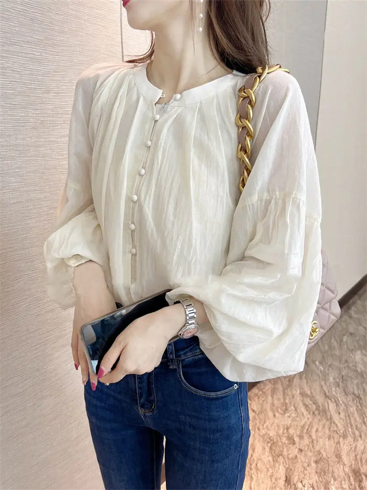 Lantern Sleeve Pink Shirt Women\'s Spring Wear 2023 New Fashion Shirt Women\'s Design Sense Chiffon Top