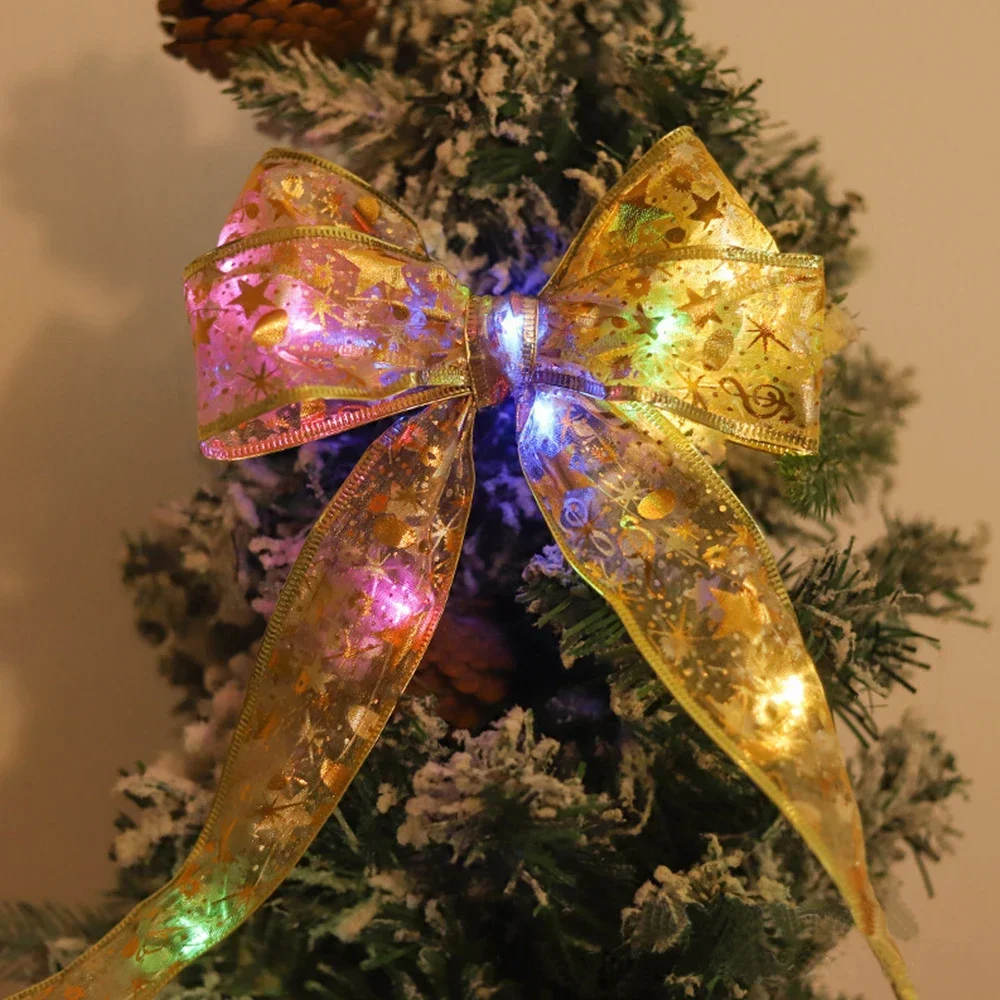 Christmas Tree Decorated Bow String Lamp 4M Gold RGB Ribbon Fairy Disco Lights DIY New Year Atmosphere Home Party Bouquet Strips