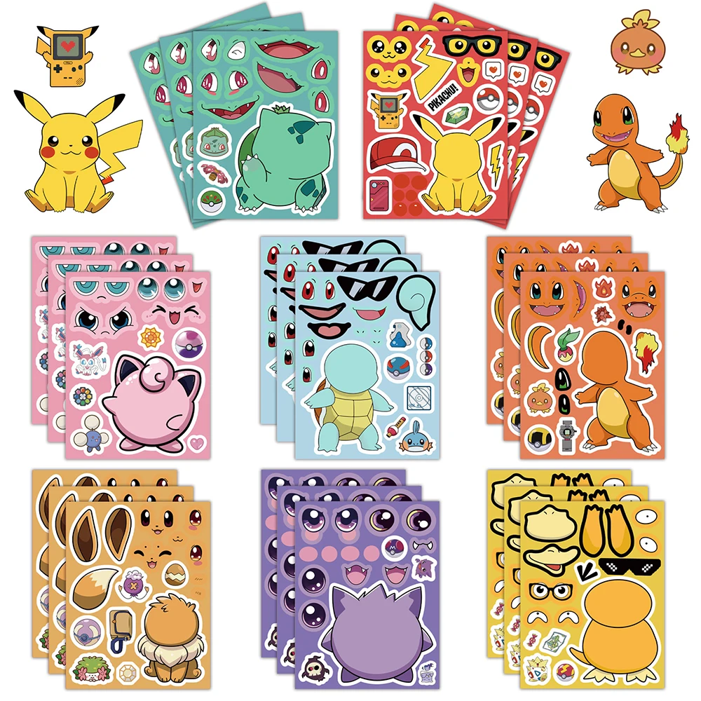 8/16sheets Pokemon Anime Children Puzzle Stickers Cute Cartoon Pikachu Make a Face DIY Assemble Jigsaw Decals Toy Kid Party Gift